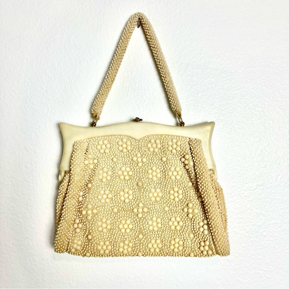 Vintage Handmade Pearl Cream Handbag Beaded Purse